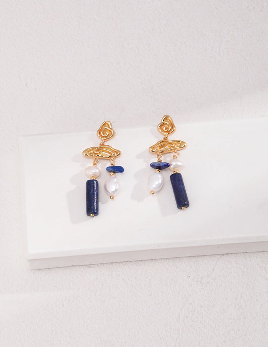 Blue Lapis Stone With Pearls Earrings-0