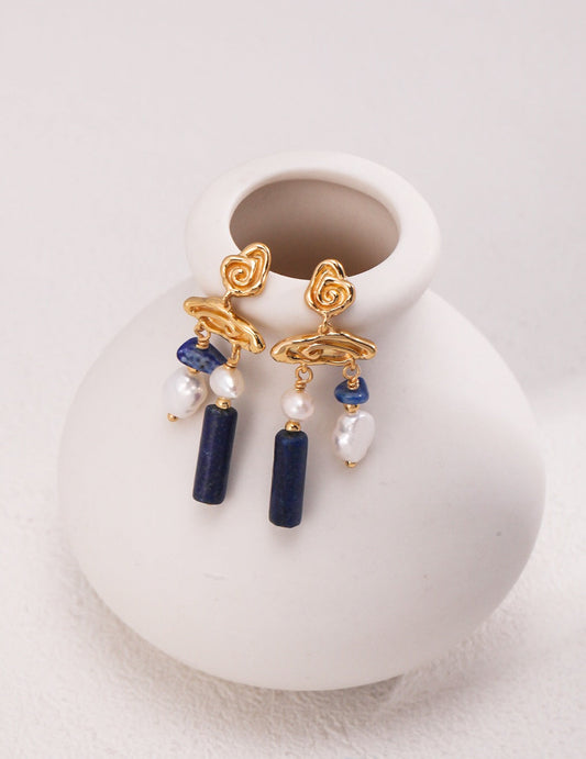 Blue Lapis Stone With Pearls Earrings-1